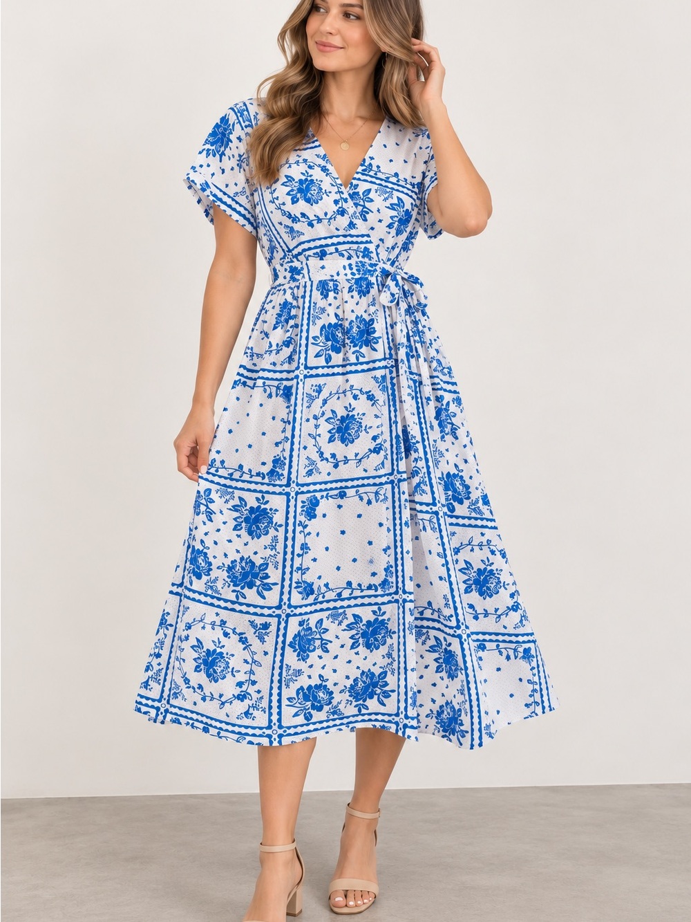 Urban Outfitters White & Blue Floral Wrap Midi Dress